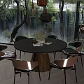 Round Dining Table Set with Six Chairs Wooden Base Green Plant Decor Forest View Background