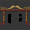 Traditional Chinese Household Decorative Stand With Red Frame Golden Carvings And Black Gongs