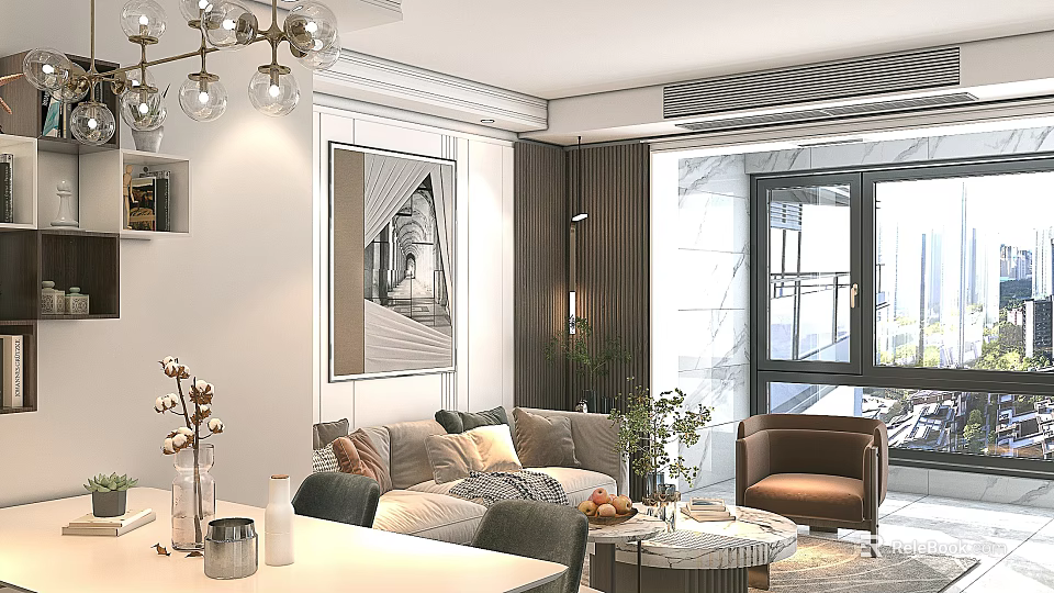 Elegant Modern Living Dining Room Interior With Sofa Round Coffee Table And Chandelier 3d model 
