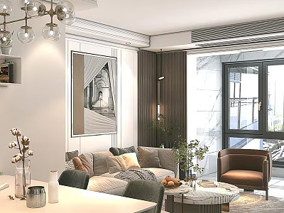 Elegant Modern Living Dining Room Interior With Sofa Round Coffee Table And Chandelier 3d model