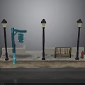 Urban Street Scene Components With Street Lamps Bench Fire Hydrant And Mailbox