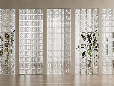 Modern Interior Glass Brick Partition Design With Transparent Blocks And Green Plants 3d model