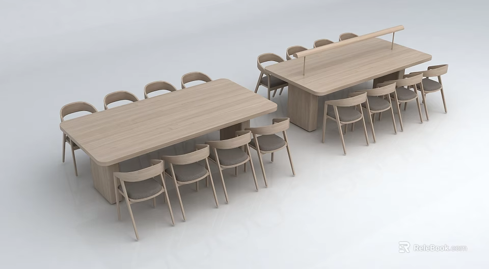 Two Minimalist Wooden Long Tables With Matching Chairs For Dining Space 3d model 