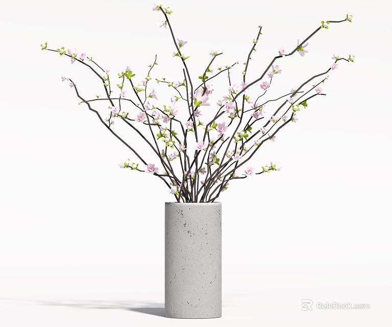 Concrete Cylindrical Vase With Small Pink Flowers And Green Leaf Branches 3d model 