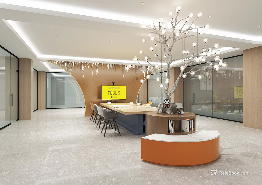 Modern Leisure Area Interior Featuring Long Table Chairs Decorative Tree Lights and Orange Circular Bench 3d model 