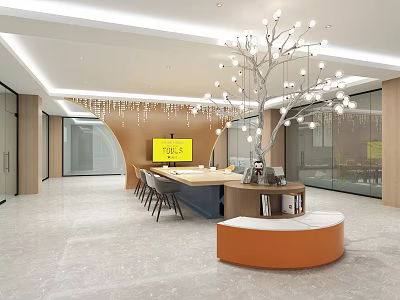 Modern Leisure Area Interior Featuring Long Table Chairs Decorative Tree Lights and Orange Circular Bench 3d model