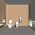 Modern Public Restroom With Golden Walls White Tiles Toilets Sinks Grab Bars And Towel Dispensers