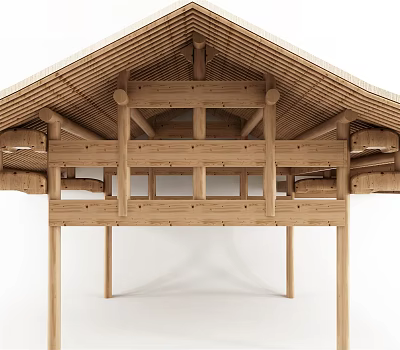 Traditional Wooden Architectural Structure With Classic Beams Brackets And Roof Frame Design 3d model