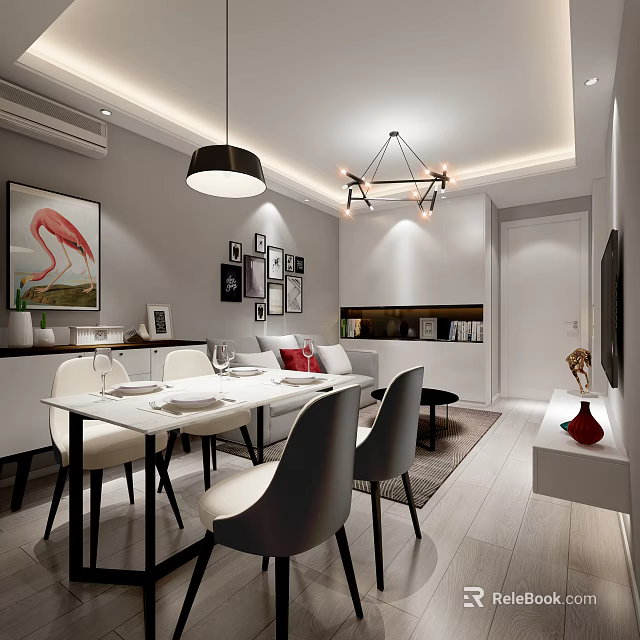 Modern Dining and Living Room Interior With Table Chairs Hanging Lights Sofa And Decorative Paintings 3d model 