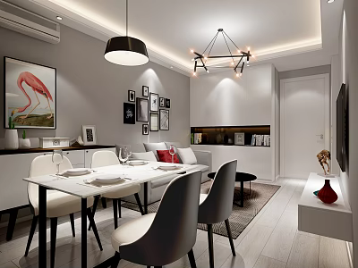 Modern Dining and Living Room Interior With Table Chairs Hanging Lights Sofa And Decorative Paintings 3d model