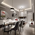 Modern Dining and Living Room Interior With Table Chairs Hanging Lights Sofa And Decorative Paintings