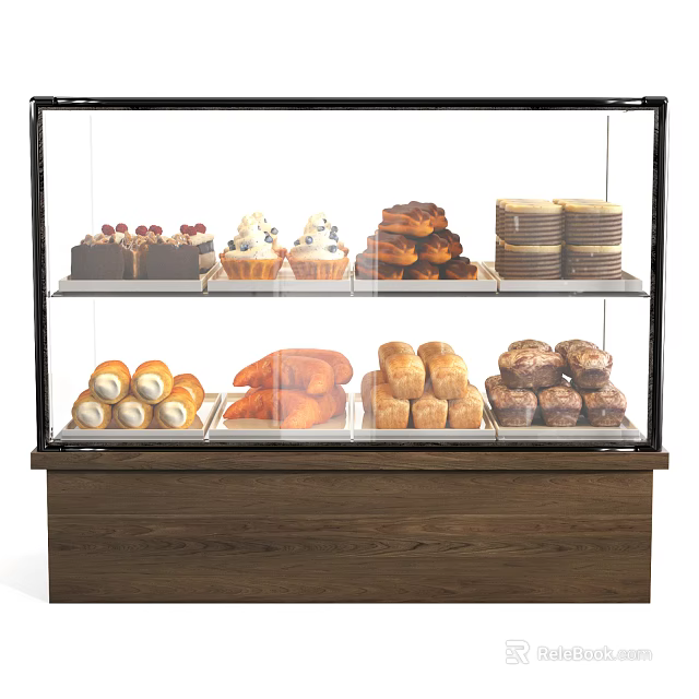Display Cabinet with Glass Shelf Wooden Base for Retail Store Assorted Desserts Cakes Pastries Cookies 3d model 