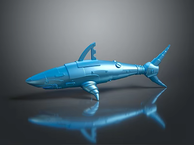 Blue Mechanical Shark Aquatic Animal With Metallic Shiny Surface And Reflective Body On Dark Background 3d model