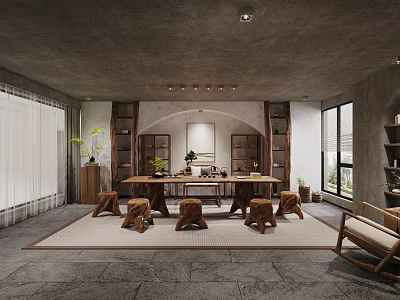 Serene Tea Room Interior With Wooden Table Stools Bookshelves Large Windows And Green Plants 3d model