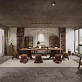 Serene Tea Room Interior With Wooden Table Stools Bookshelves Large Windows And Green Plants