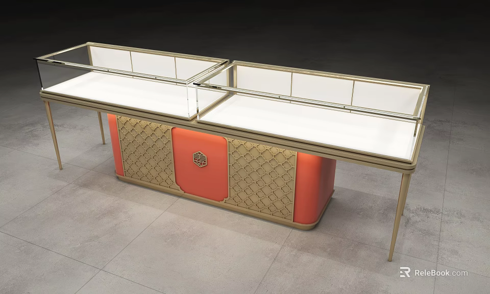 Luxury Jewelry Display Counter With Gold Frame Orange Cabinet White Top And Glass Cover 3d model 