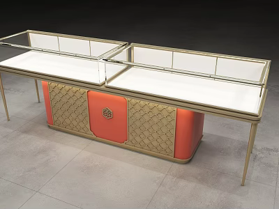 Luxury Jewelry Display Counter With Gold Frame Orange Cabinet White Top And Glass Cover 3d model