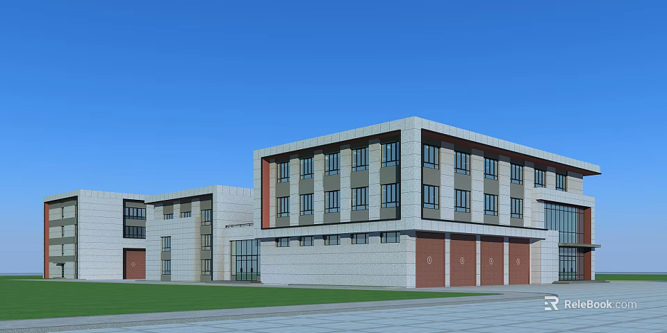 Modern Office Building Exterior With Multi Story Design Large Windows And Green Lawn 3d model 