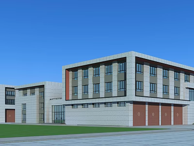 Modern Office Building Exterior With Multi Story Design Large Windows And Green Lawn 3d model