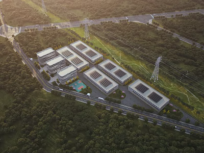 Aerial View of Industrial Factories with Solar Panels Green Areas Power Lines and Road Network 3d model