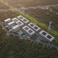 Aerial View of Industrial Factories with Solar Panels Green Areas Power Lines and Road Network