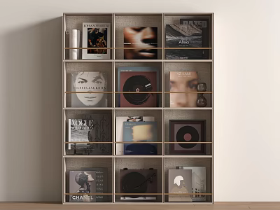 Stylish Modern Storage Shelf with Vinyl Records Books and Decorative Items 3d model
