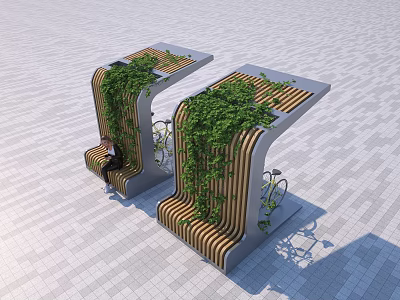 Modern Outdoor Canopy With Wooden Stripes Green Vines And Bench Seating 3d model