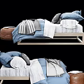 Stylish Double Bed With Blue White Gray Striped Bedding Decorative Pillow And Brown Leather Ottoman