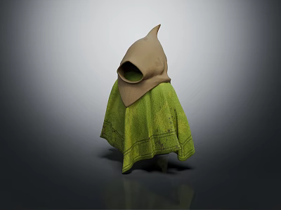 Small 3D Hooded Character With Brown Hood And Green Textured Cloak Design 3d model