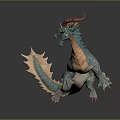 3D Dragon Figure With Teal Orange Scales Red Horns Open Mouth Spiked Tail