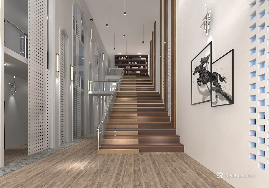 Modern Interior Design With Wooden Flooring Staircase White Walls Hanging Lights And Decorative Paintings 3d model 