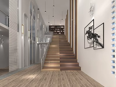 Modern Interior Design With Wooden Flooring Staircase White Walls Hanging Lights And Decorative Paintings 3d model
