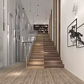 Modern Interior Design With Wooden Flooring Staircase White Walls Hanging Lights And Decorative Paintings