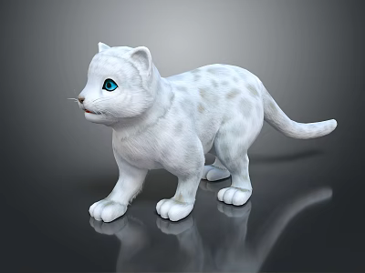 White Kitten With Blue Eyes And Light Spots Standing On Black Reflective Surface 3d model