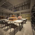 Public Office Space Interior With Race Car Display Wooden Walls Concrete Elements And Hanging Lights