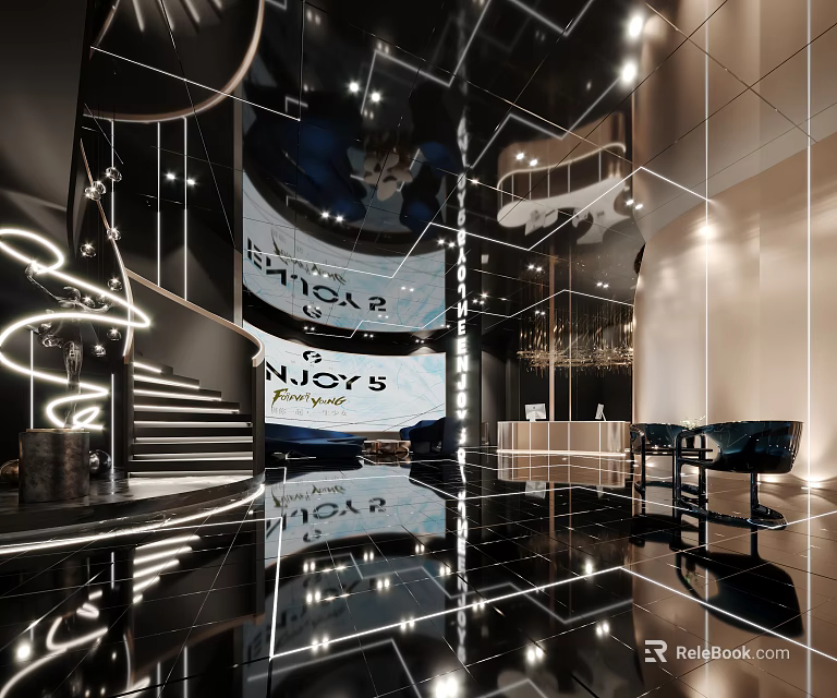 Modern Shop Front Desk Interior Design With Glass Decor And Warm Lighting 3d model 