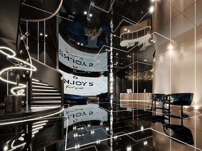 Modern Shop Front Desk Interior Design With Glass Decor And Warm Lighting 3d model
