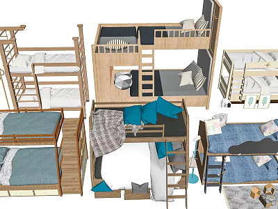 Modern Wooden Bunk Beds With Blue Gray Mattresses And Ladder Storage Design 3d model