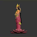 Four Armed Goddess Sculpture Carving Holding Lotus Flowers In Traditional Attire Standing On Lotus Pedestal