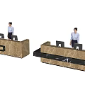 Modern Reception Desk Design With Sleek Marble Surface Wooden Panels And Computer Workstation