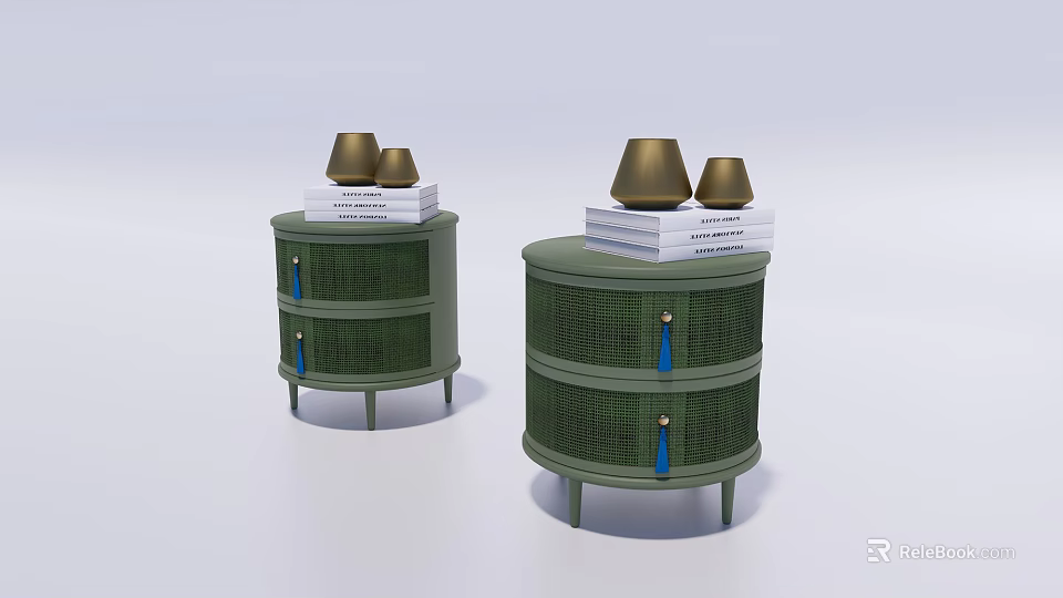 Green Woven Bedside Tables With Drawers Blue Tassels Books And Gold Lamps 3d model 