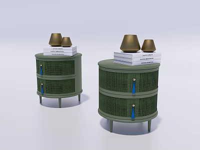 Green Woven Bedside Tables With Drawers Blue Tassels Books And Gold Lamps 3d model
