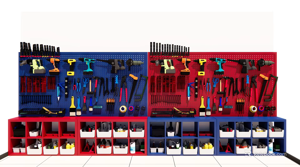 Organized Hardware Tools on Blue Red Racks with Various Tools and Storage Bins 3d model 