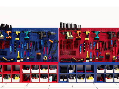 Organized Hardware Tools on Blue Red Racks with Various Tools and Storage Bins 3d model