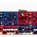 Organized Hardware Tools on Blue Red Racks with Various Tools and Storage Bins