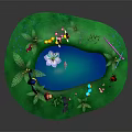 Water Fountain Pond with Swan Boat Colorful Animals Flowers and Green Grass