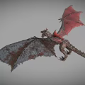 Mythical Reptile With Red Wings And Scaly Body Flying In Gray Background