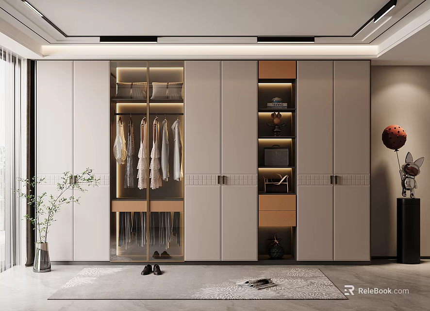 Modern Wardrobe Interior Design With Hanging Clothes Storage And Built-in Lighting 3d model 