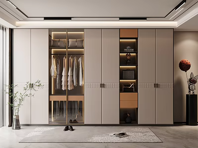 Modern Wardrobe Interior Design With Hanging Clothes Storage And Built-in Lighting 3d model