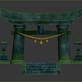 Traditional Japanese Torii Gate Structure With Stone Lanterns And Front Steps